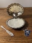 Vintage Silverplate Clam Shell Shaped Butter Server Dish w/Glass Insert & Knife