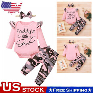 USA Newborn Kid Baby Girl Outfits Clothes Romper Bodysuit Camo Pants Outfits Set