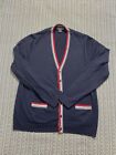Brooks Brothers Mens Cardigan Sweater Size L Navy Blue Wool Blend red gray  Trim