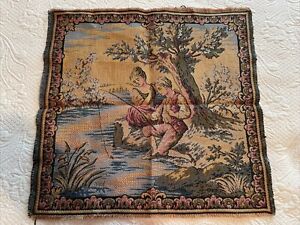 Vintage Belgium Woven Tapestry Panel Peasant Scene 18X19” Courting Couple Fish