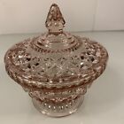 Vtg Pink Depression Glass Quilted Lidded Footed Trinket Box Candy Dish 7x6.5”