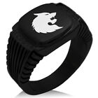Stainless Steel Wolf Silhouette Needle Striped CZ Biker Style Signet Ring