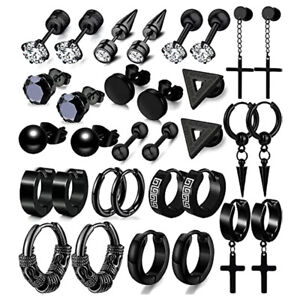 16 Pairs Men Earrings Set Black Stainless Steel Cross Hoop Ear Stud Jewelry