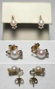 V228 Vintage Solid 14K Yellow Gold Freshwater Pearl and Diamond Stud Earrings