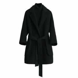 Womens Korean Loose Warm Coat Fashion Black Wool Blend Belt Trench Coat Outwear