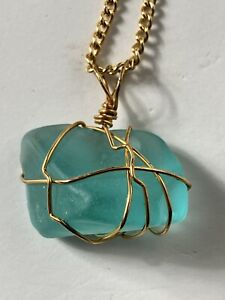 Aqua Blue Sea Glass Necklace Gold Tone Wire Wrap & Gold Tone Chain