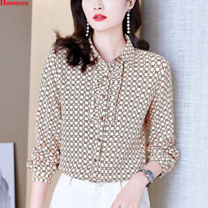 Spring Korean Women Chiffon Button-Down Shirt Tunic Check Casual Tops Blouse