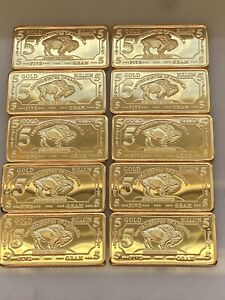 Lot of 10 - 5 GRAM 100 MILLLS GOLD BUFFALO BULLION BARS .999 FINE 24K BULLION