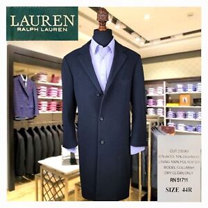 Ralph Lauren Cashmere Wool Overcoat Mens Black 44R Button Sport Trench Long Coat
