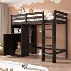 Twin Size Loft Bed with Wardrobe Storage Shelves Wood Bed Frames