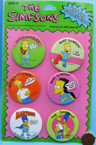 THE SIMPSONS BUTTON Set of 6 vtg '90 Bart Homer Lisa Marge BARTMAN Groening MOC