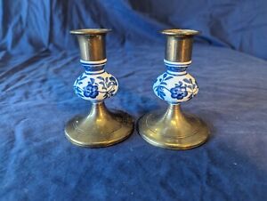 Vintage Delft Style Ceramic And Brass Candlestick Holder Set Of 2 - 4
