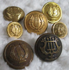 7 Lot Vintage MILITARY MUSICAL BAND LYRE / HARP METAL BUTTONS 5 DIFFERENT MAKERS