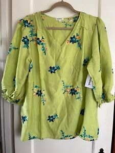 NWT Anthropologie Kindred Peasant Blouse Boho TOP Plus Sz 2X 3X Celery Embroider