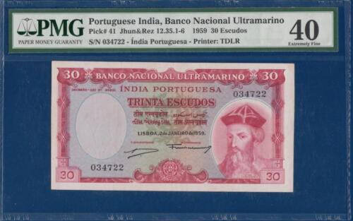 PORTUGUESE INDIA 30 Escudos 1959 P41 X/F PMG 40 Banco Nacional Ultramarino
