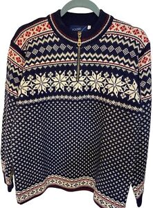Women FJord 100% Norwegian Wool Blue Fair Isle3/4 Zip Up Sweater Norway Sz M