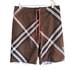 Billabong Men's Board Shorts Size 38 Brown Plaid Embroidered Logo Swim Bathing