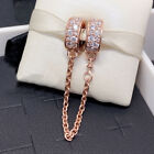 New 100% 925 Sterling Silver rose gold Clear Pavé Safety Chain Clip Charm
