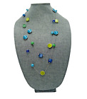 Vtg Silver Toned Blue And Green Beaded Springtime Statement Necklace 60” Estate
