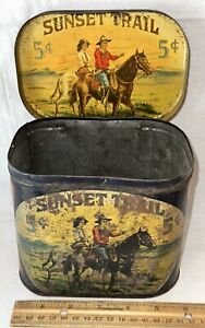 ANTIQUE SUNSET TRAIL TIN LITHO TOBACCO CIGAR CAN COWBOY COWGIRL COUNTRY STORE