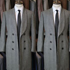 Vintage Men's Tweed Long Overcoat Wool Herringbone Suit Double Breasted Tailored