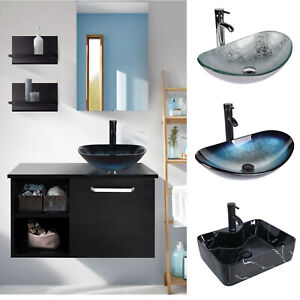 Wall Mounted Bathroom Vanity Floating Cabinet w/Mirror Sink Shelves Faucet Combo
