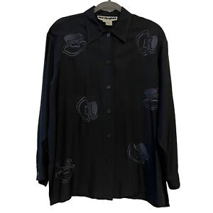 Vintage New Frontier  100% Silk Button Up Blouse Embroidery Black Women’s