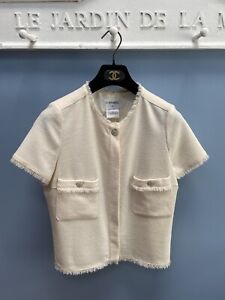 Chanel Short Sleeve Jacket Ivory Wool Silver Coco Buttons Sz 38-40 Collarless