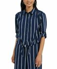 Women's Large Top Tie Shirt Striped Blue 3/4 Sleeve - NEW