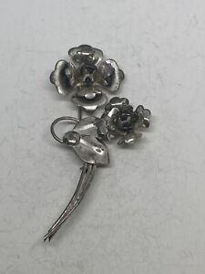 Vintage Sterling by l Brooch Silver Flower on Stem Leaf Pin Signed IH