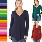 Zenana V-Neck Long Sleeve T Shirt Hi-Low Hem Luxe Rayon Relaxed Fit Top S to XL