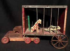 Antique Vintage Primitive Toy Wood Circus Truck with Giraffe, Tiger AAFA