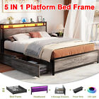 King/Queen Size Platform Bed Frame with Headboard Drawers Power Strip LED Lights