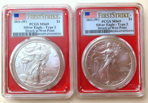 🇺🇸 2021-W *Type 1 & Type 2* American Silver Eagle 1 oz. • PCGS MS69 (Red Core)