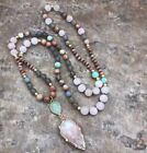 Raw Rose Quartz Arrowhead Charm Mala Beads Healing Protection Knotted Necklace