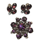 Vintage 40s/50s Amethyst Purple Floral Brooch & Screw On Earrings Set