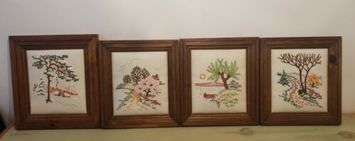 Vintage Framed Tree Needle Art Stitch Cottagecore Four Seasons Padded Set of 4