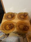 Set Of 4 Vintage Amber Kings Crown Thumb Print Indiana Glass Snack plates Cups