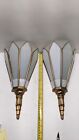 RARE Pair Antique 1920s 30s Art Deco Lights Cut Stained Glass Shade Wall Sconce