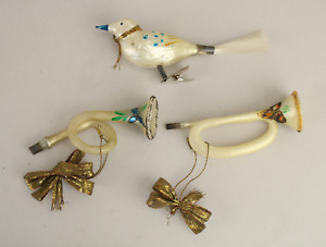 VTG Antique West Germany Blown Glass Clip-On Bird & 2 Trumpet Ornaments