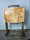 Vintage MCM Tray Tables Folding Metal Wood Print Set Of 4 With Wheeled Holder