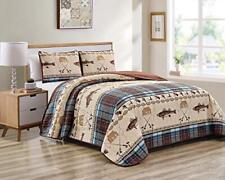 River Fly Fishing Themed Rustic Cabin Lodge Quilt Stitched Bedspread Bedding Set