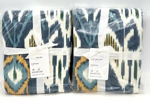 New~Pottery Barn~2 Ikat Print Linen Cotton Curtains 50 x 96~Blue Multi