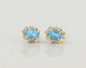 14k Yellow Gold Natural Swiss Blue Topaz and Diamond Earrings Stud Post Earrings