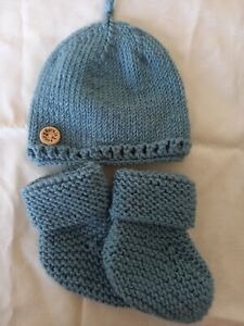 Blue/green Hand Knitted Baby Hat and bootees. Newborn  Born in 2024