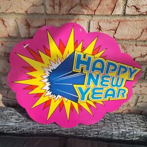 Happy New Year Double Side Pink Bubble Holiday Die Cut Wall Hang Decor Retro Vtg