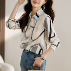 Women Spring Business Collared Long Sleeve Basic Button Print Shirts Blouse Tops