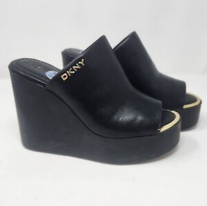 DKNY Pen Black Leather Padded Slip On Platform Wedge Sandal Clogs Women's 8.5