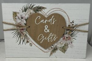 White Heart Shaped Wood Wedding sign, “Card & Gifts” 10x6.5 in; NEW