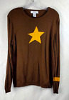 EUC! Magaschoni Brown Sweater Gold Star Crew Neck Cashmere Blend Sz XL b7